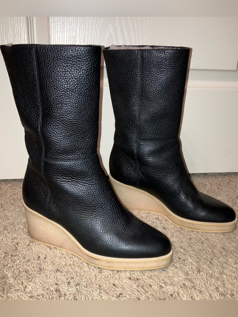 MARION PARKE Boots TUCKER Pebbled Leather WEDGE BOOT Black - Sz 7 (EU 37) Italy